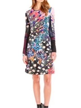Clover Canyon Colorful Abstract Peacock Etched Floral Bloom Shift Dress Sz L